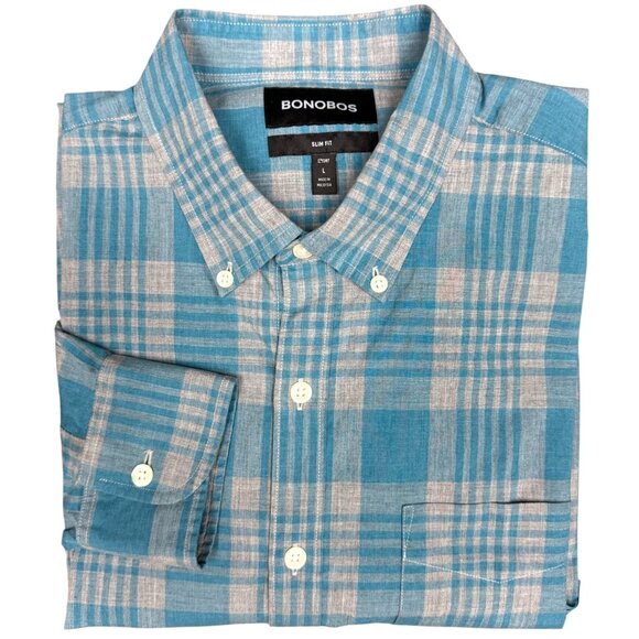 EUC Men's BONOBOS Slim Fit Button-Down Long Sleeve Chambray Plaid | Size L/Short - Picture 1 of 10